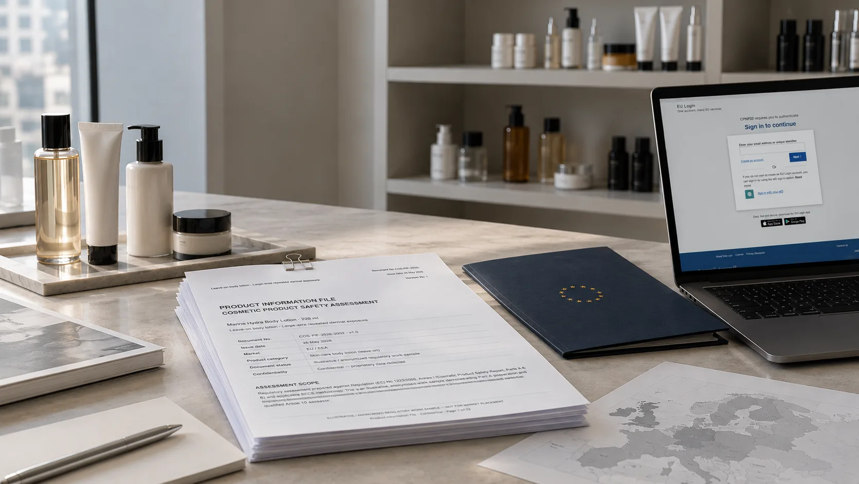 Cosmetic bottles, a product information file and an EU folder on a desk