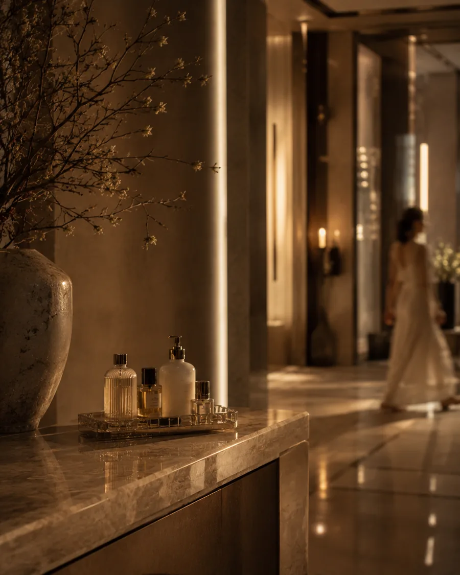 Hotel lobby console, hand wash and room fragrance