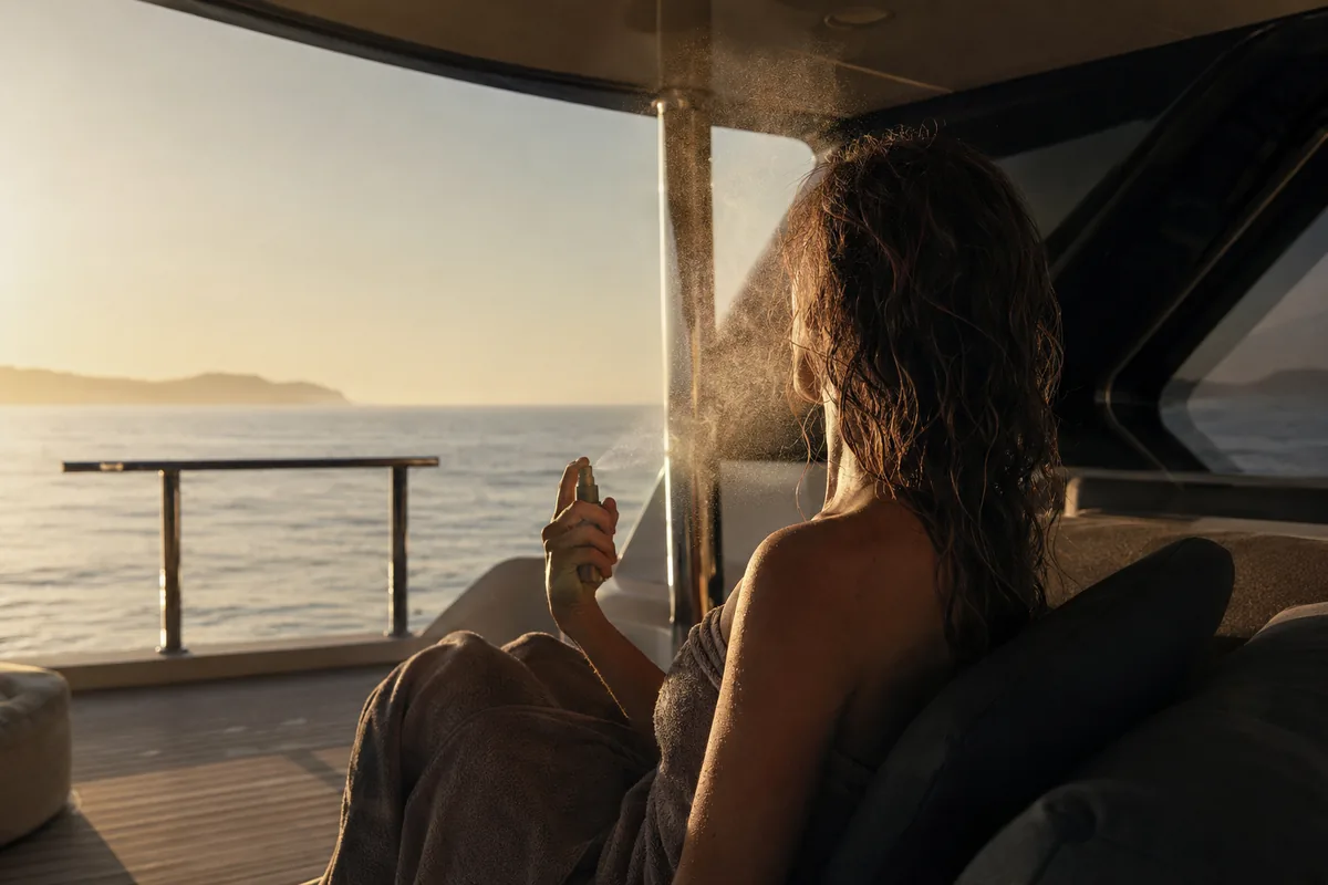 Golden hour on the aft deck, body mist