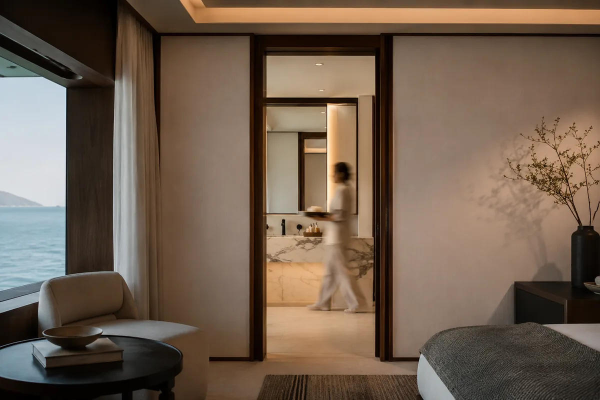 Sea view suite, turndown, bath amenities