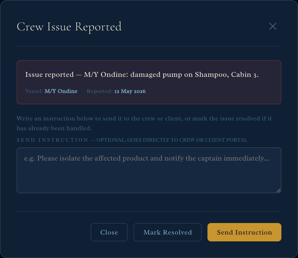 SOSOO notified of a crew-reported issue, with an instruction routed back to the vessel